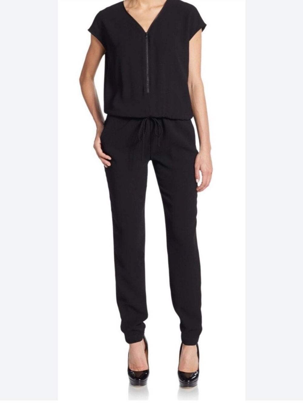 Vince Black Short-Sleeve Drawstring Jumpsuit with Front Zip